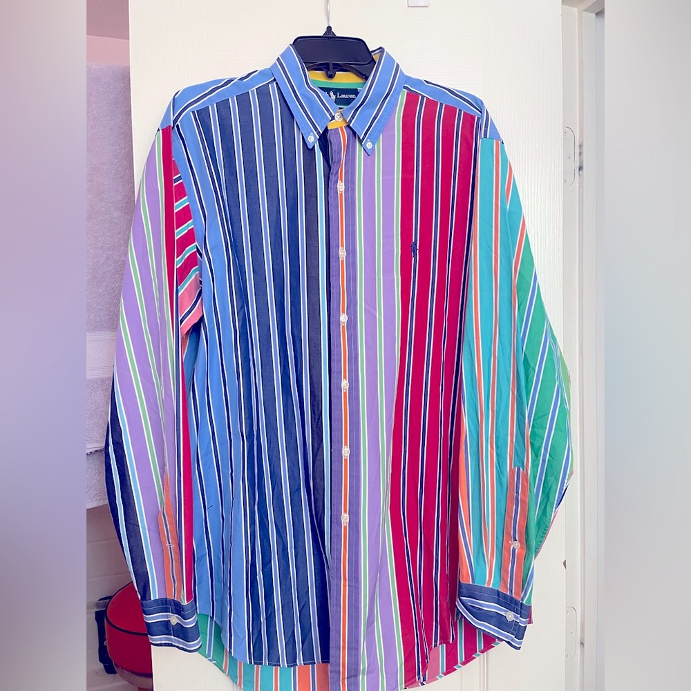 Multi colored vertical striped ralph lauren European styled shirt size LARGE